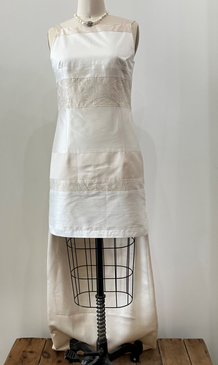 Ivory Pieced Stripe Mini Dress with Train, size X-small