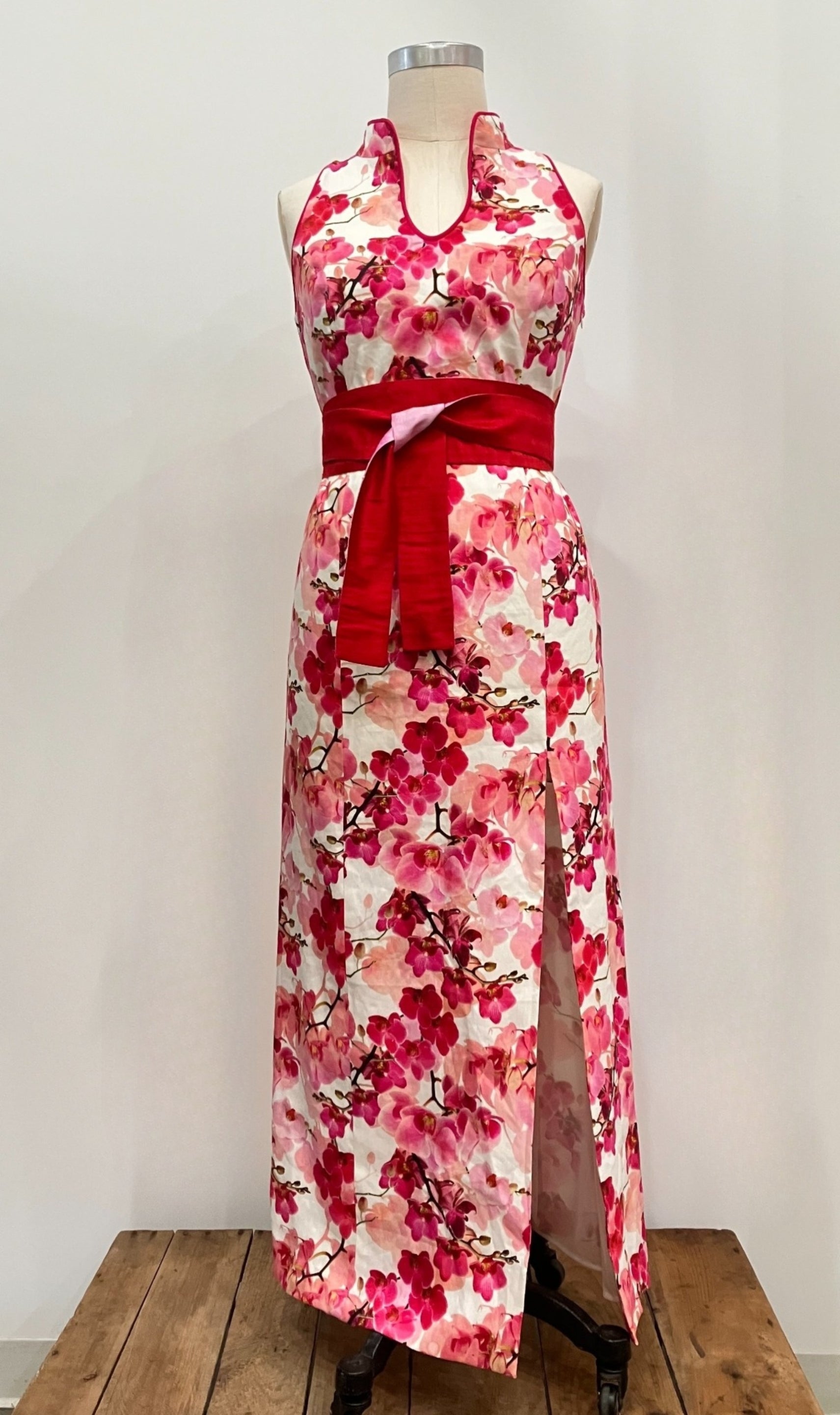 strapless open back dress Floral Linen Long Cheongsam, size Large – Kimera