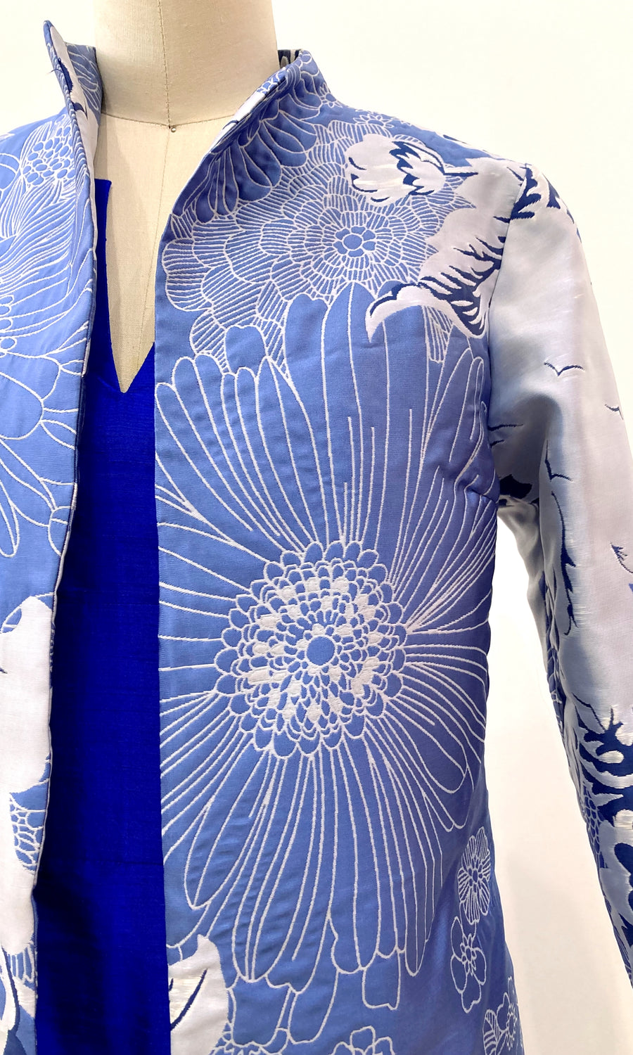 Blue Bloom Brocade Mid-length Coat