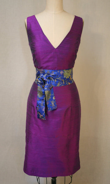 Purple deep V-neck Fitted Shantung Dress, size Small