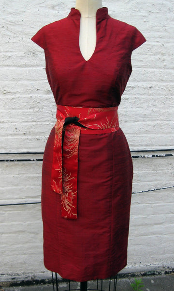 Mandarin-collar Cap-sleeve Shantung Sheath Dress