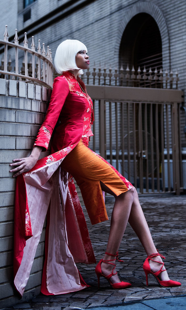 Long Shantung Brocade Evening Coat Kimera