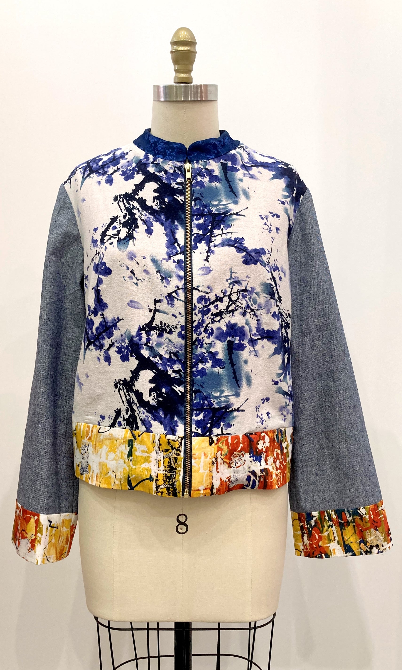 Blue Mixed Media Bomber Jacket, size Medium