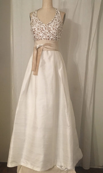Guipure Lace and Shantung Halter Ball Gown