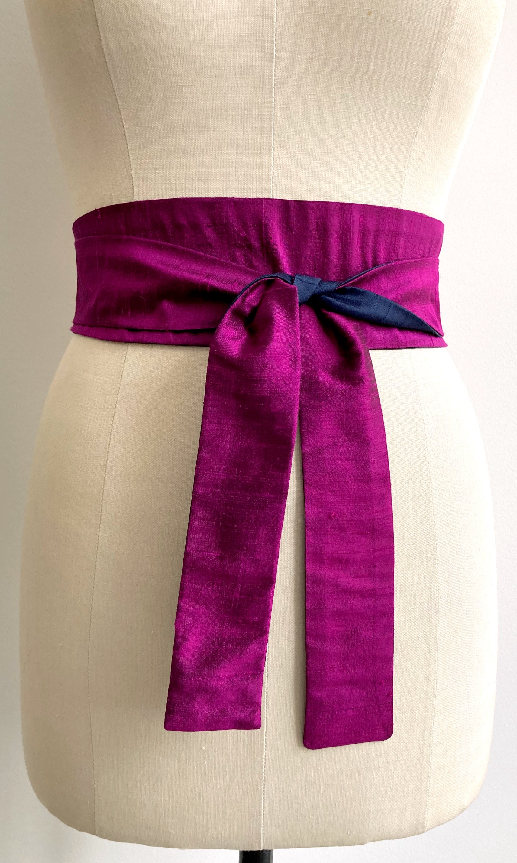 Purple Hand Crafted Obi belt upcycled silk ties cummerbund Cinch navy stripes OS Purple And Navy Block Stripe Silk Blend Tie – Turnbull  main image 2