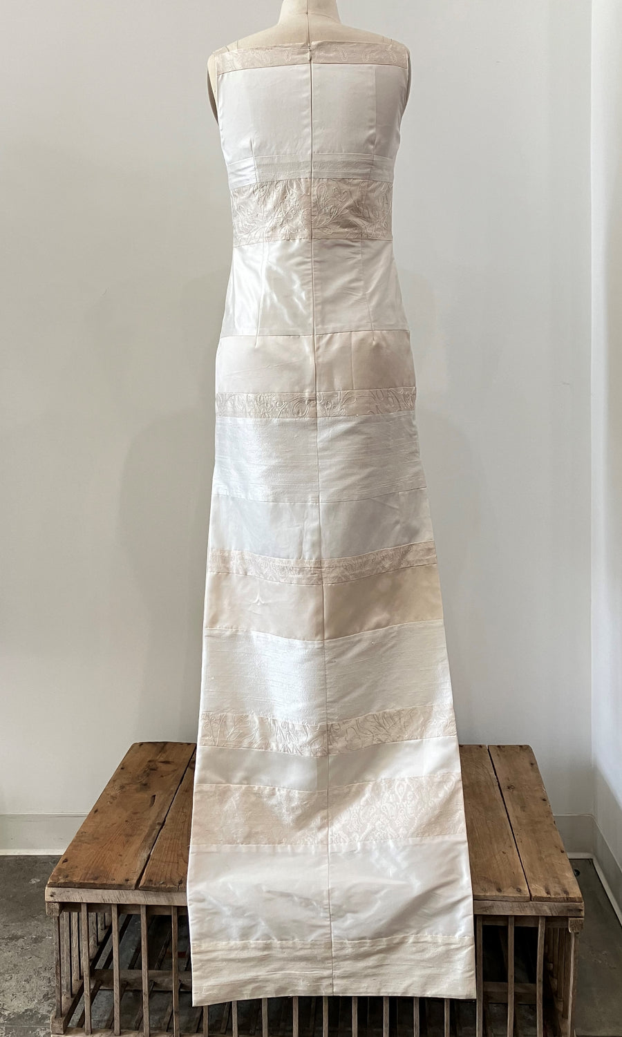 Ivory Pieced Stripe Mini Dress with Train, size X-small
