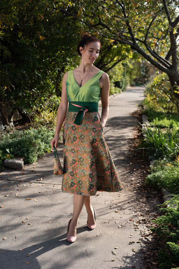 V-neck Brianna Dress with Floral Brocade Skirt