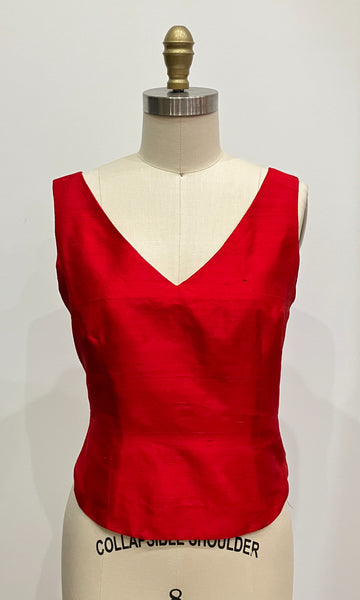 Red Shantung V-neck Top, size Medium