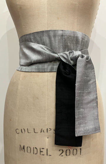 Silver and Black Shantung Obi Sash