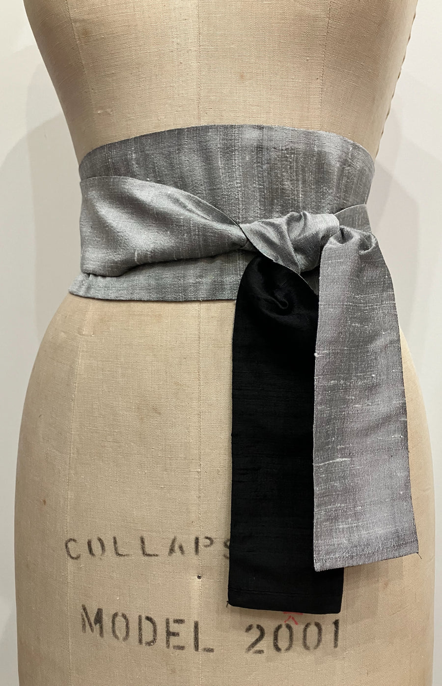Silver and Black Shantung Obi Sash