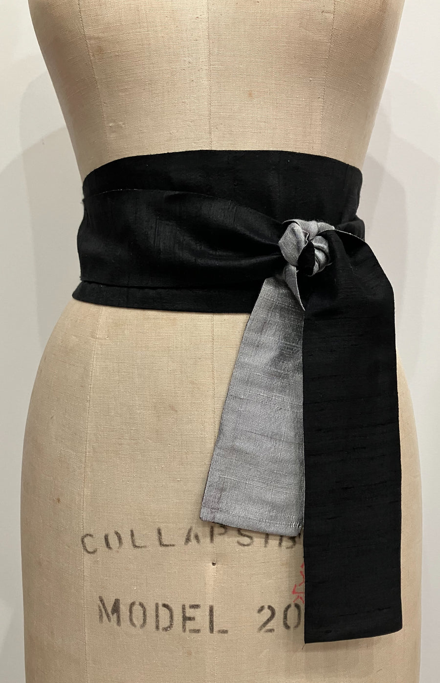Silver and Black Shantung Obi Sash