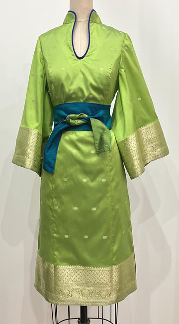 Lime Sari Kimono-sleeve Cheongsam, size X-small