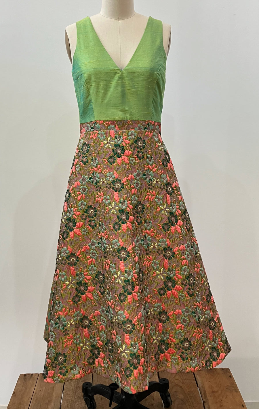 V-neck Brianna Dress with Floral Brocade Skirt
