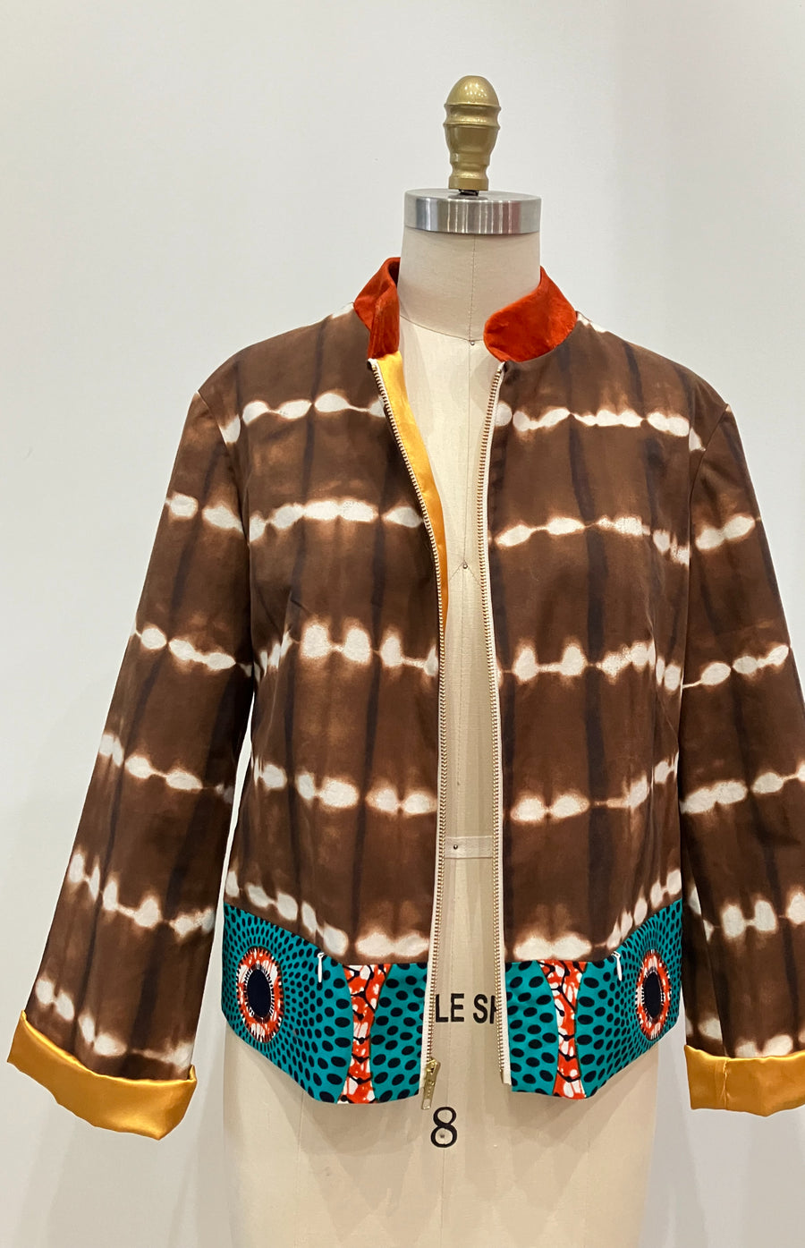 Tie-dye Mixed Media Bomber Jacket, size Medium