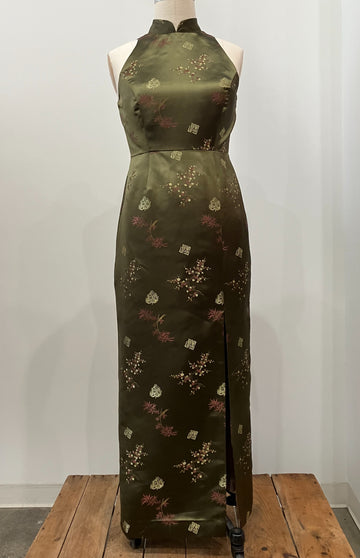 Olive Asian Brocade Long Cheongsam, size Large