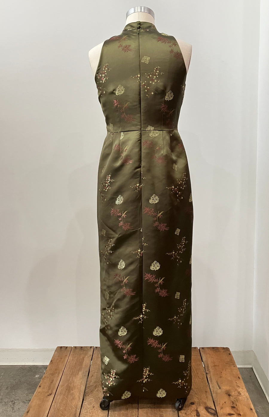 Olive Asian Brocade Long Cheongsam, size Large