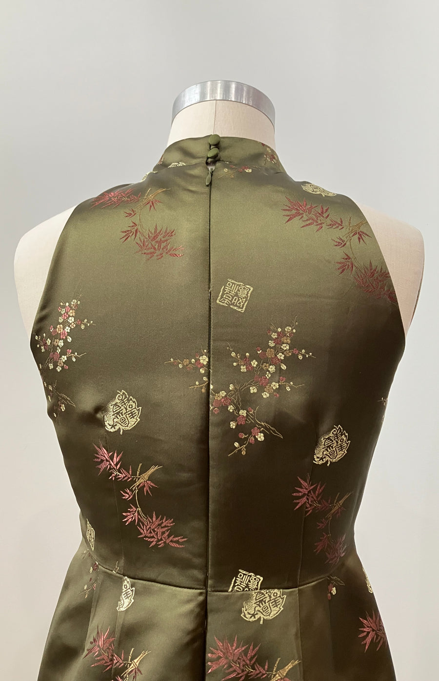 Olive Asian Brocade Long Cheongsam, size Large
