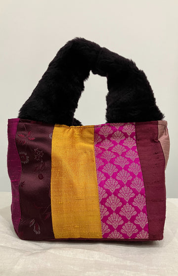 Purple Stripe Mini Tote with Faux Fur Handles