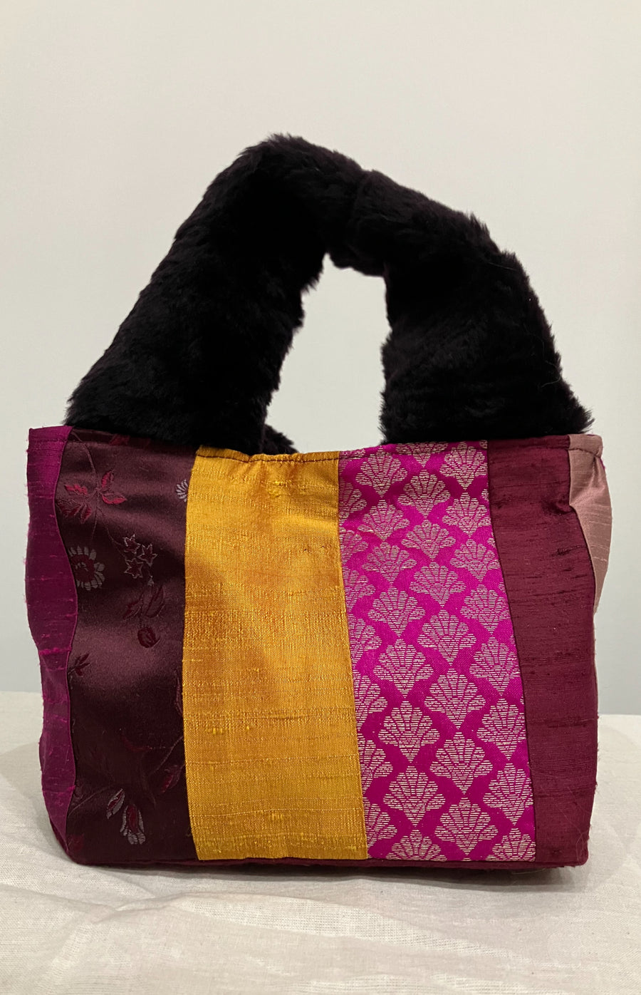 Purple Stripe Mini Tote with Faux Fur Handles