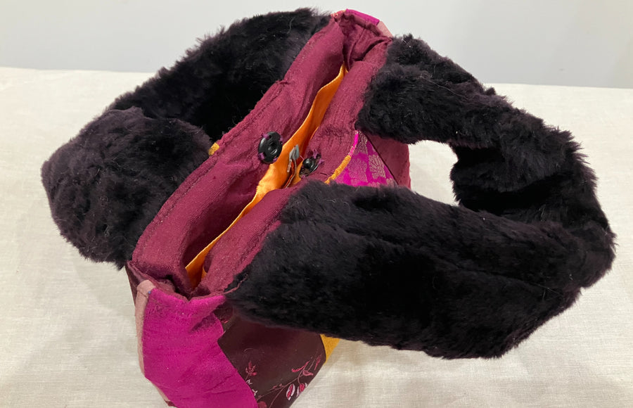 Purple Stripe Mini Tote with Faux Fur Handles