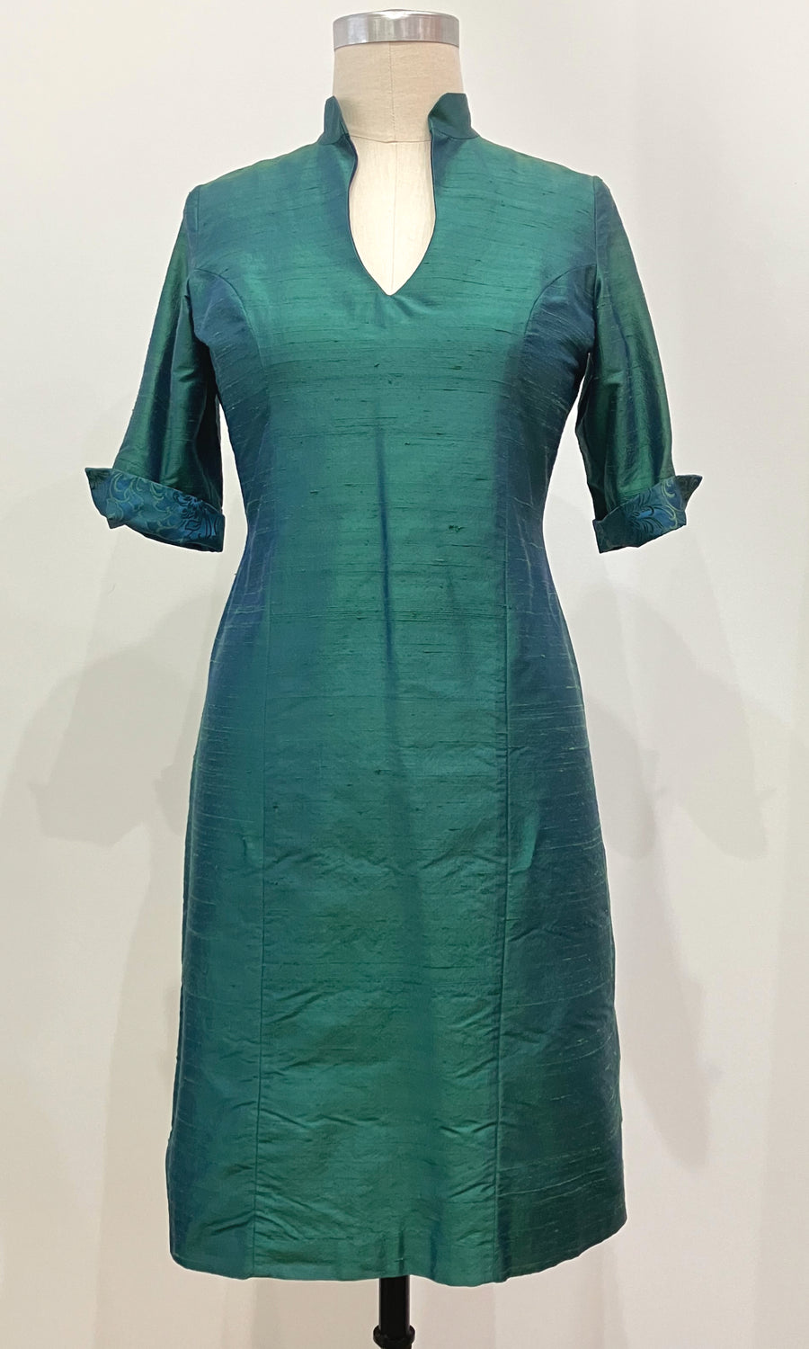 Teal Mandarin-Collar Dress with Sleeves, size Large