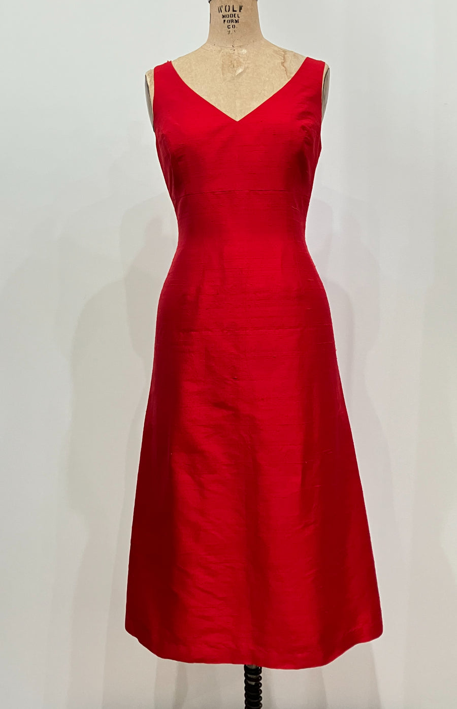 Red V-neck Shantung Dress, size Medium