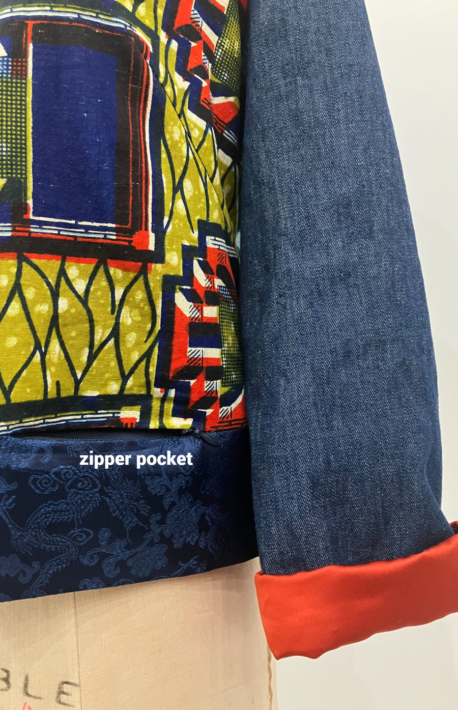 African Mixed Media Bomber Jacket, size Small