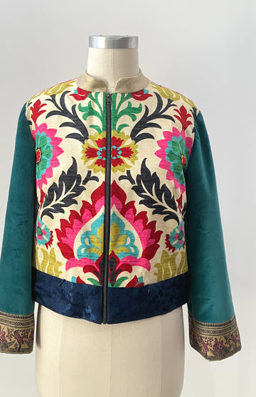 Bold Ethnic Mixed Media Bomber Jacket, size Large