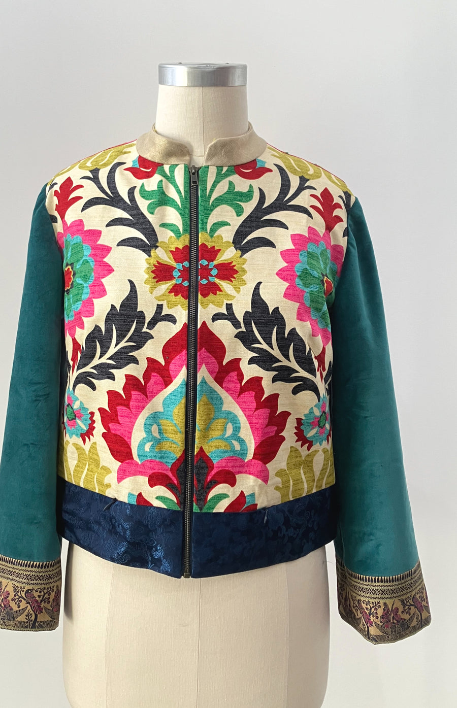 Bold Ethnic Mixed Media Bomber Jacket, size Large