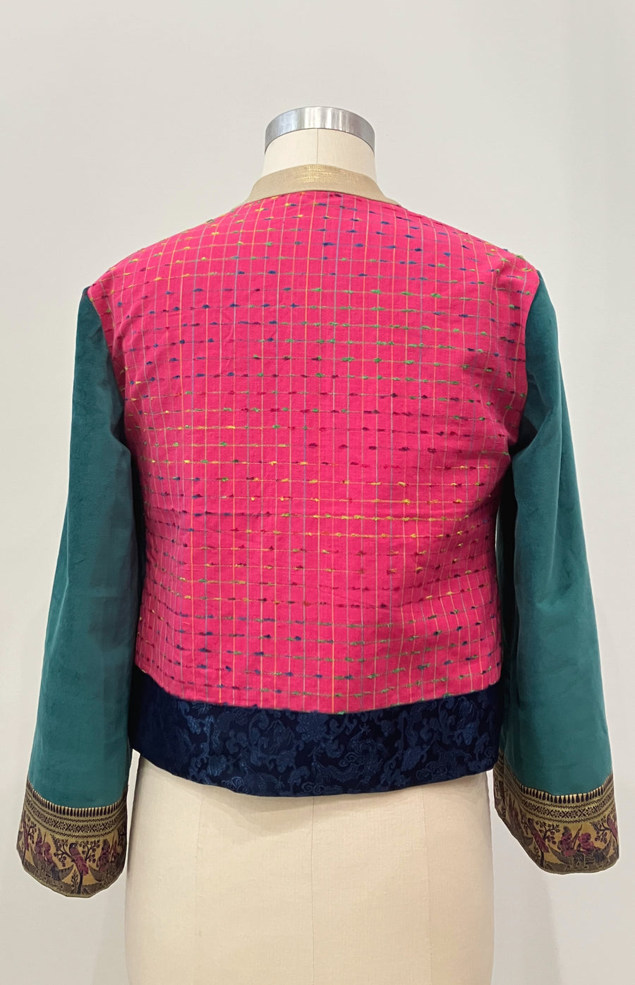 Bold Ethnic Mixed Media Bomber Jacket, size Large
