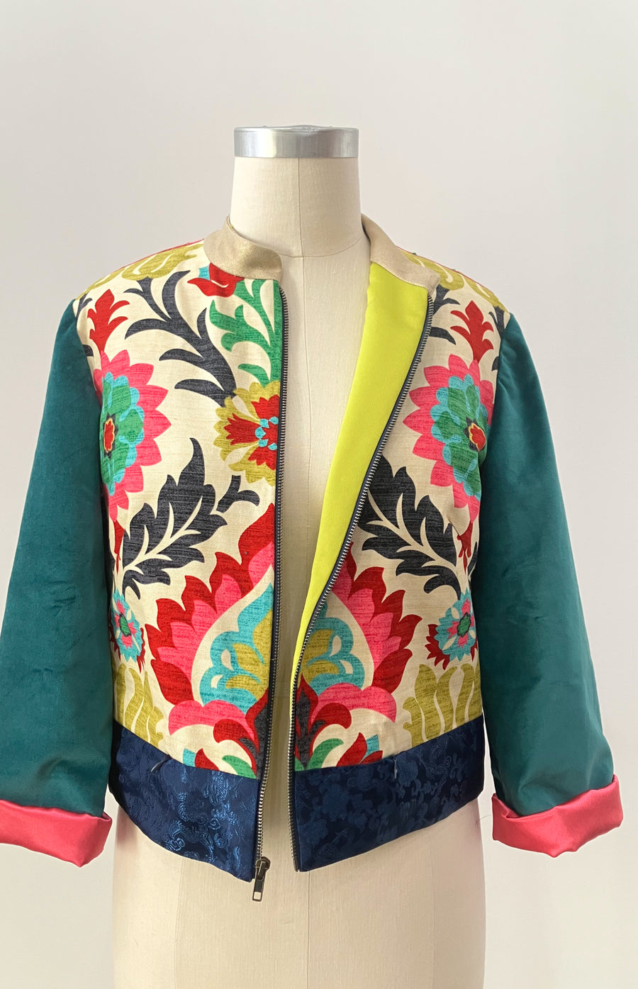 Bold Ethnic Mixed Media Bomber Jacket, size Large