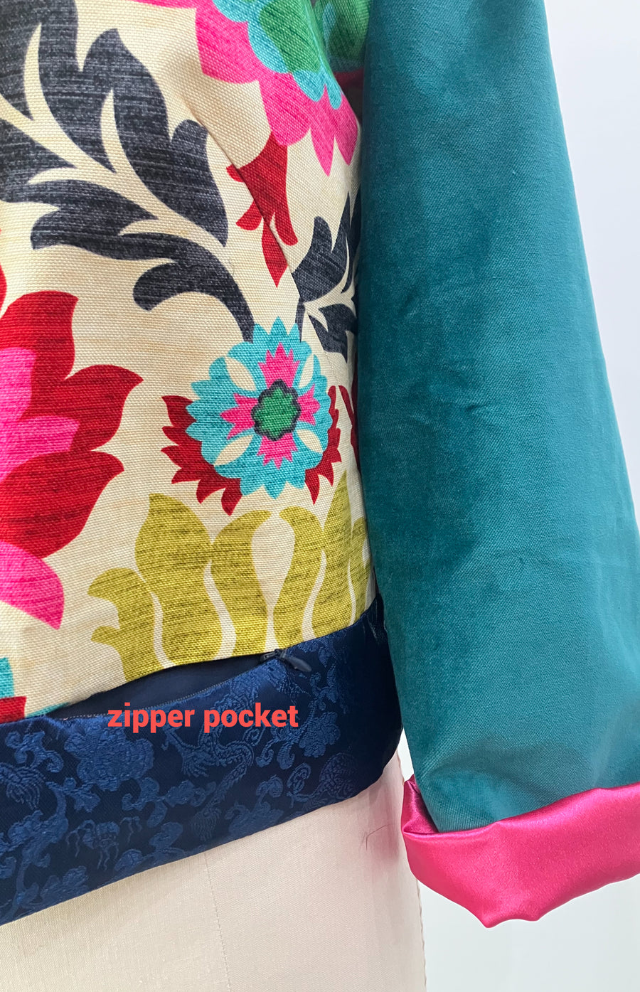 Bold Ethnic Mixed Media Bomber Jacket, size Large