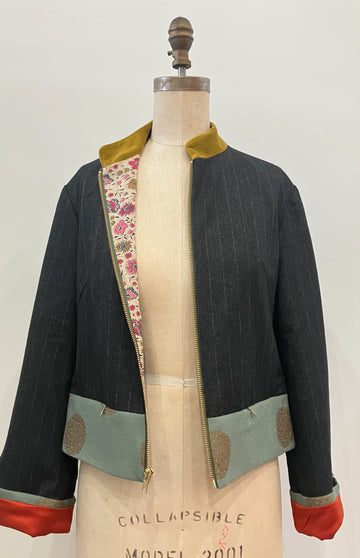 Pinstripe Mixed Media Bomber Jacket, size X-small