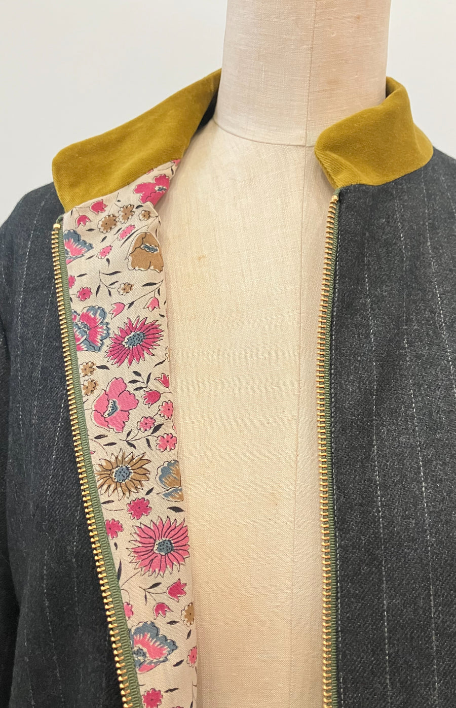 Pinstripe Mixed Media Bomber Jacket, size X-small