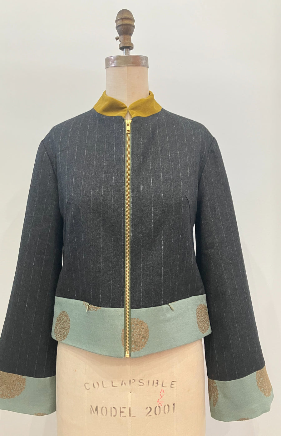 Pinstripe Mixed Media Bomber Jacket, size X-small
