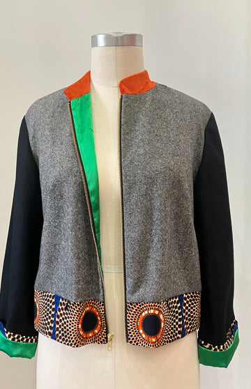Tweed Mixed Media Bomber Jacket, size Large