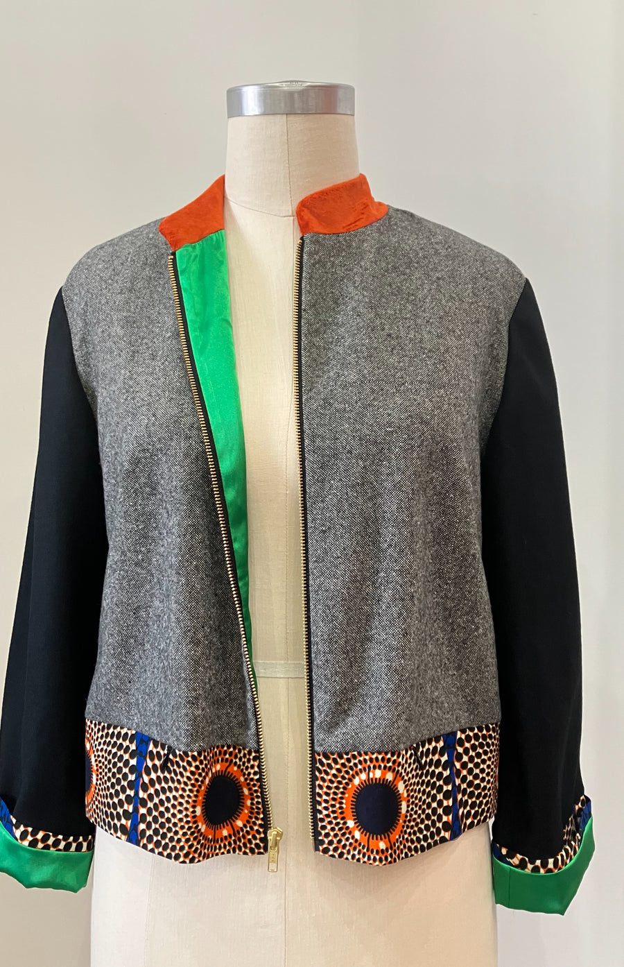 Tweed Mixed Media Bomber Jacket, size Large