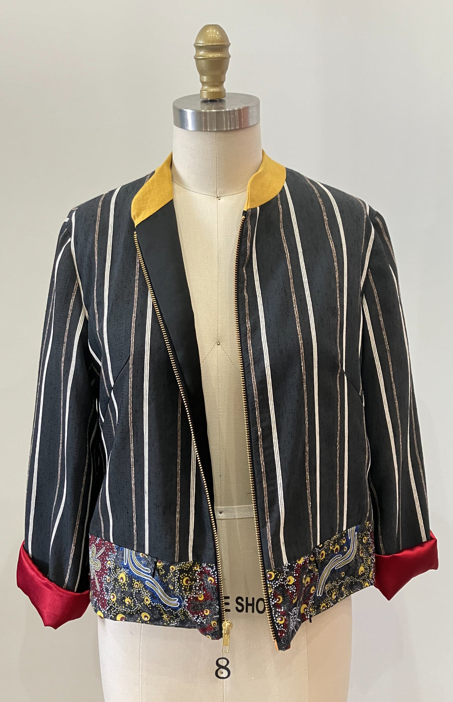 Striped Linen Mixed Media Bomber Jacket, size Small