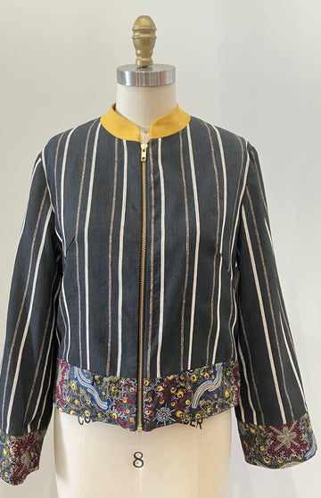 Striped Linen Mixed Media Bomber Jacket, size Small