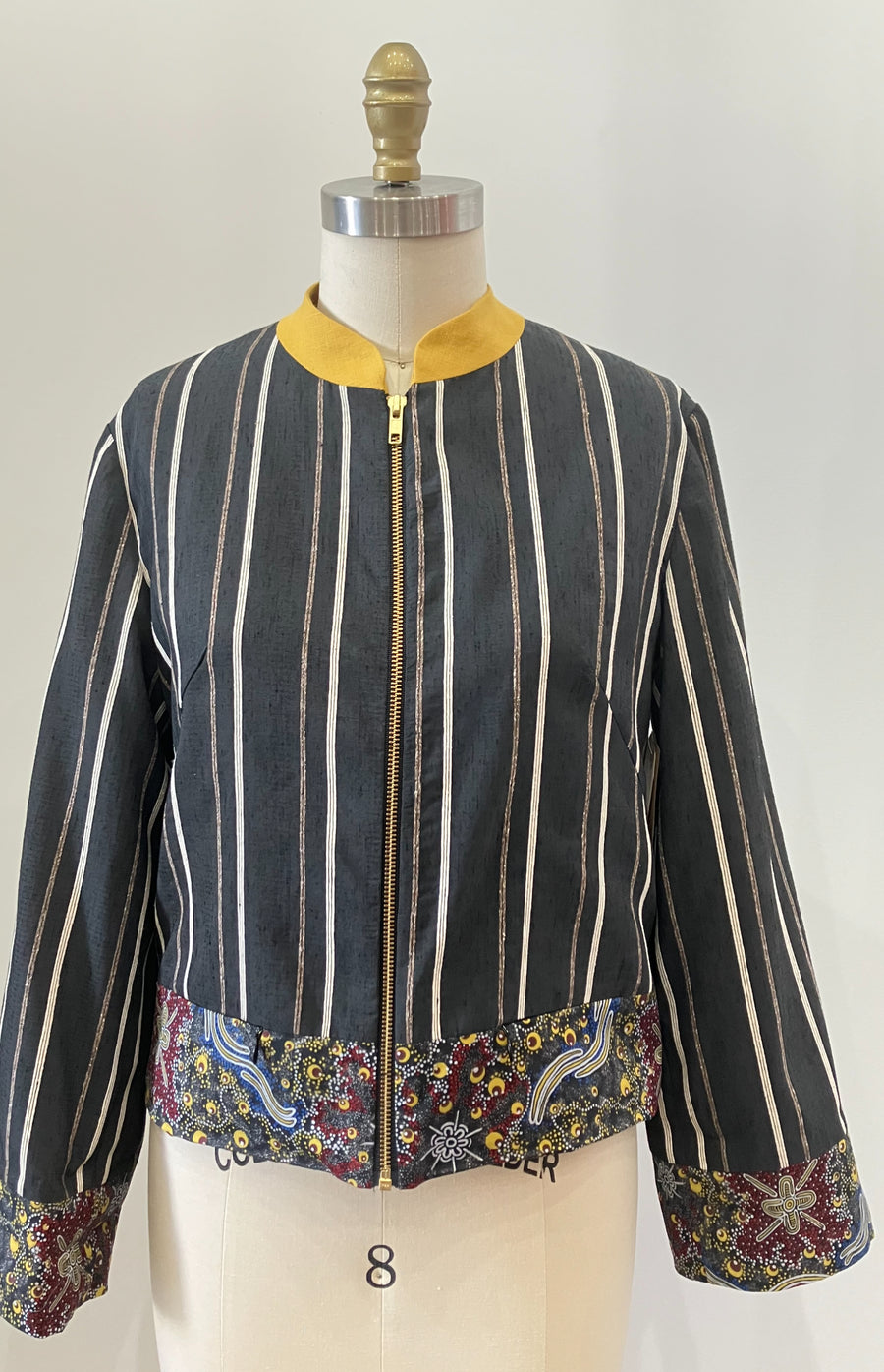 Striped Linen Mixed Media Bomber Jacket, size Small