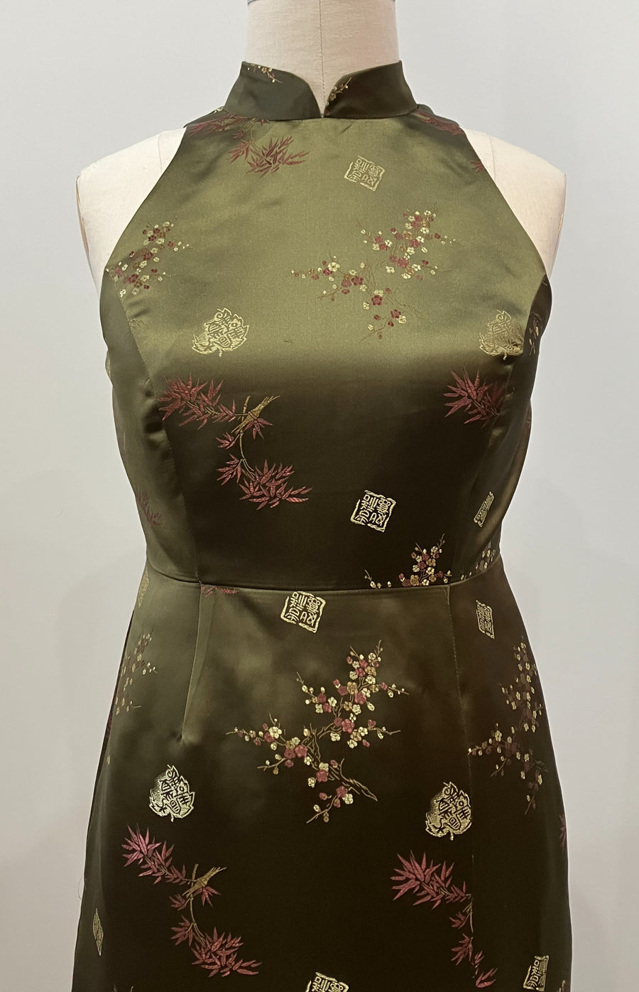 Olive Asian Brocade Long Cheongsam, size Large