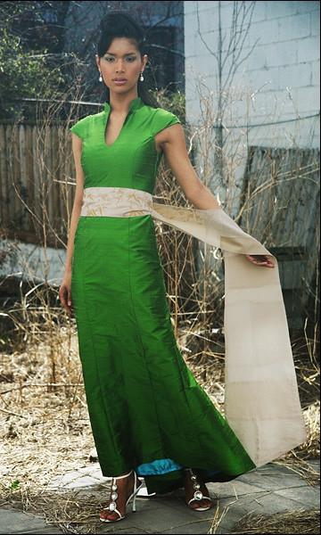 Green Apple Mandarin-Collar Cap-Sleeve Shantung Trumpet Dress, size Medium
