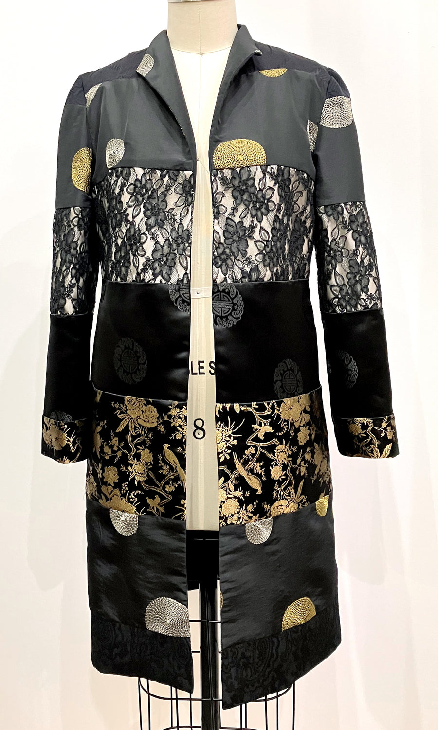 Black Pieced Stripe Mid-length Coat, size Medium