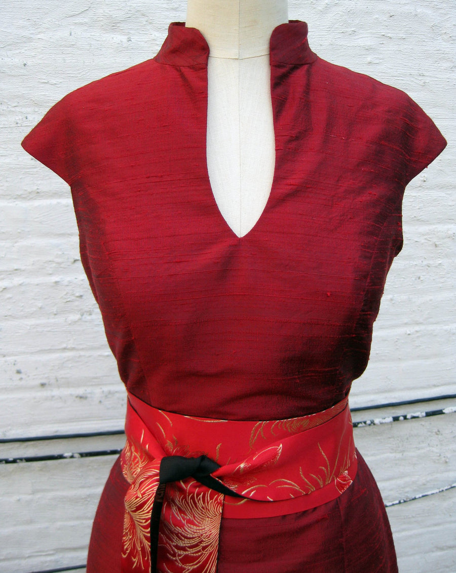 Mandarin-collar Cap-sleeve Shantung Sheath Dress