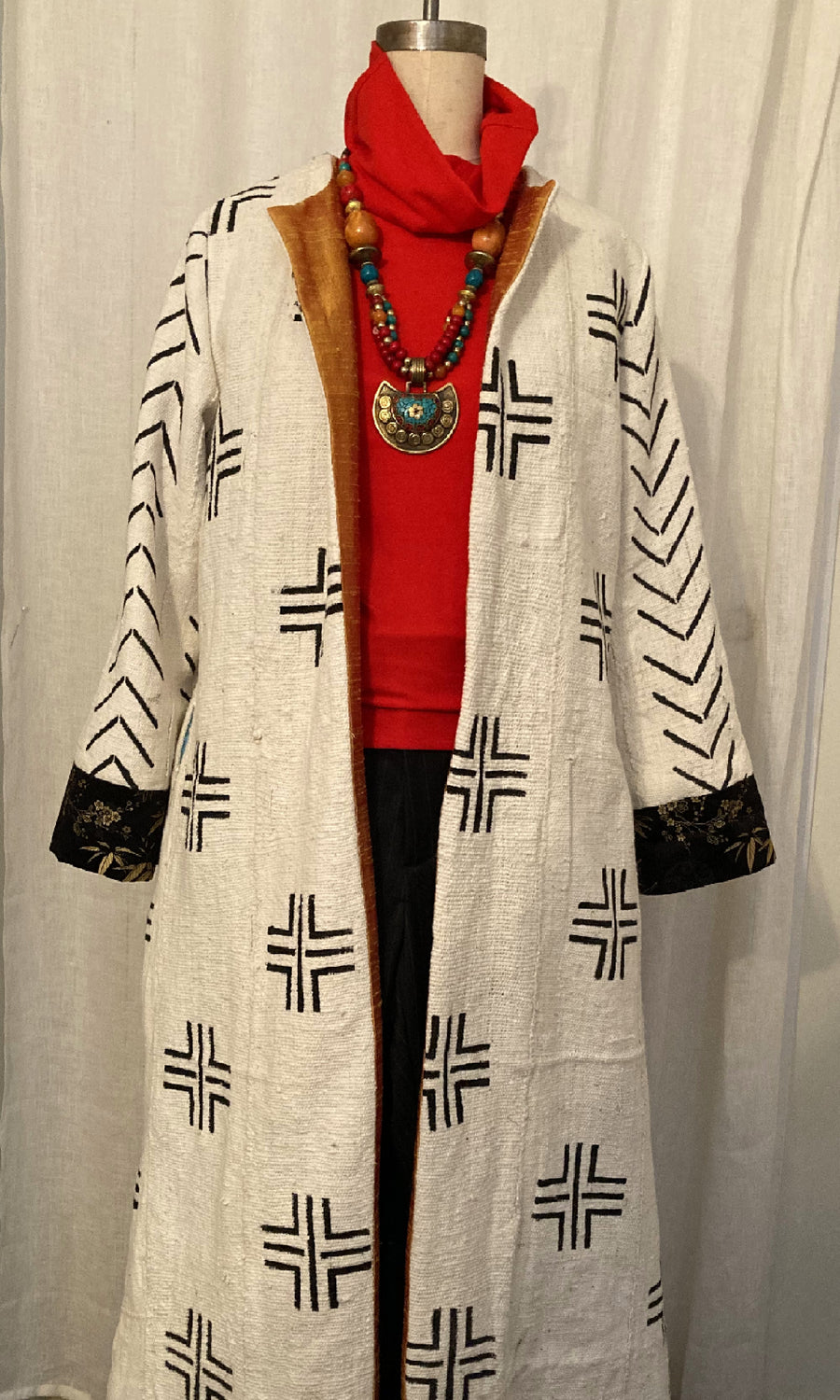 Long White African Mud Cloth Coat
