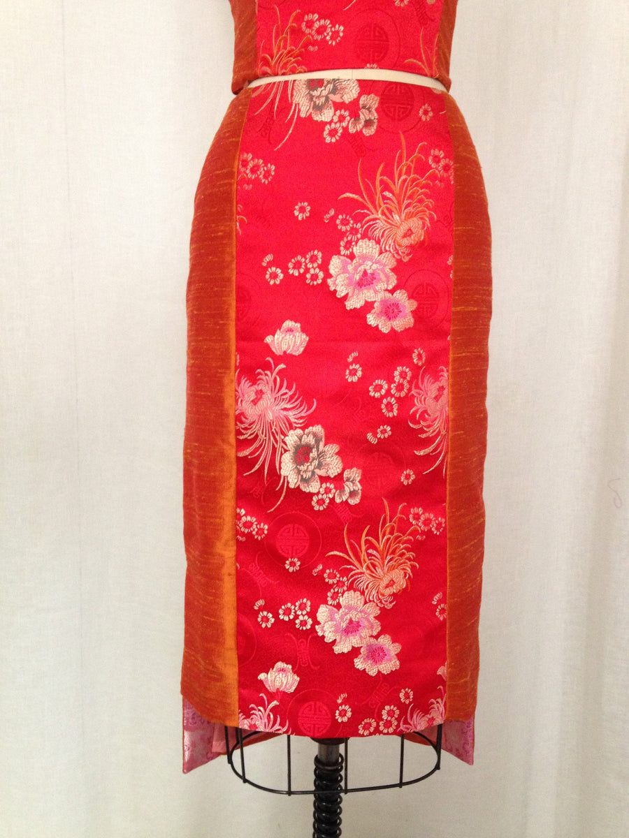 Orange Shantung Pencil skirt with Brocade Panel