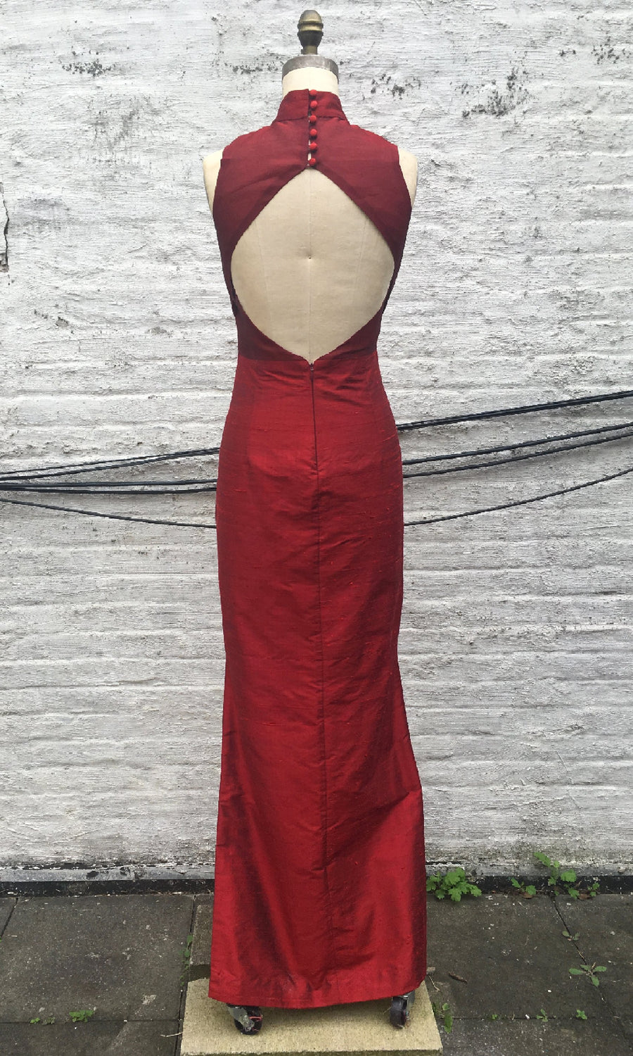 Ruby Modern Open-Back Cheongsam Column Dress, size X-Small and Small