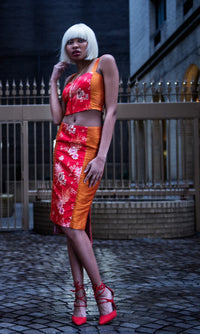 Orange Shantung Pencil skirt with Brocade Panel – Kimera