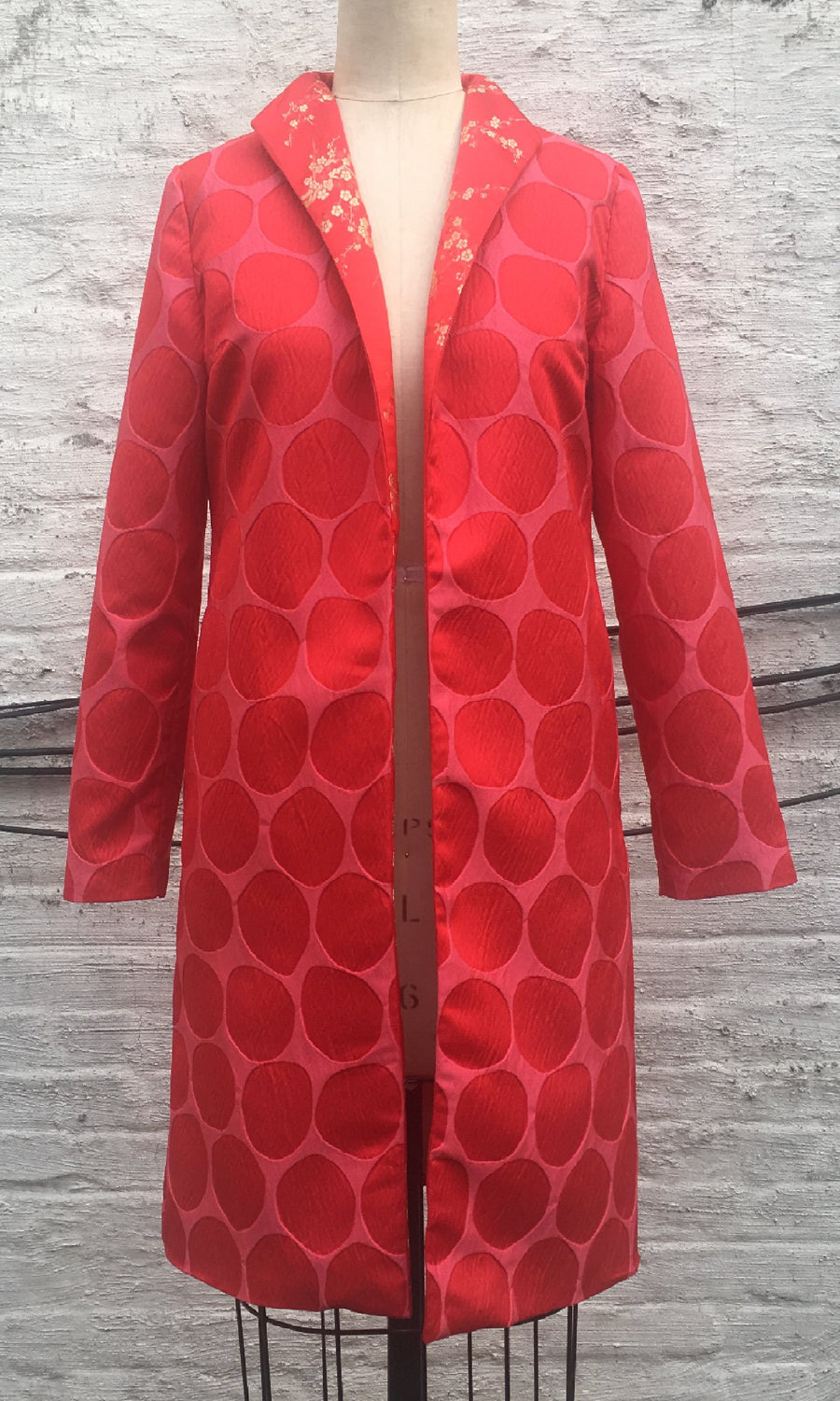 Red and Pink Dot Brocade Coat, size Small