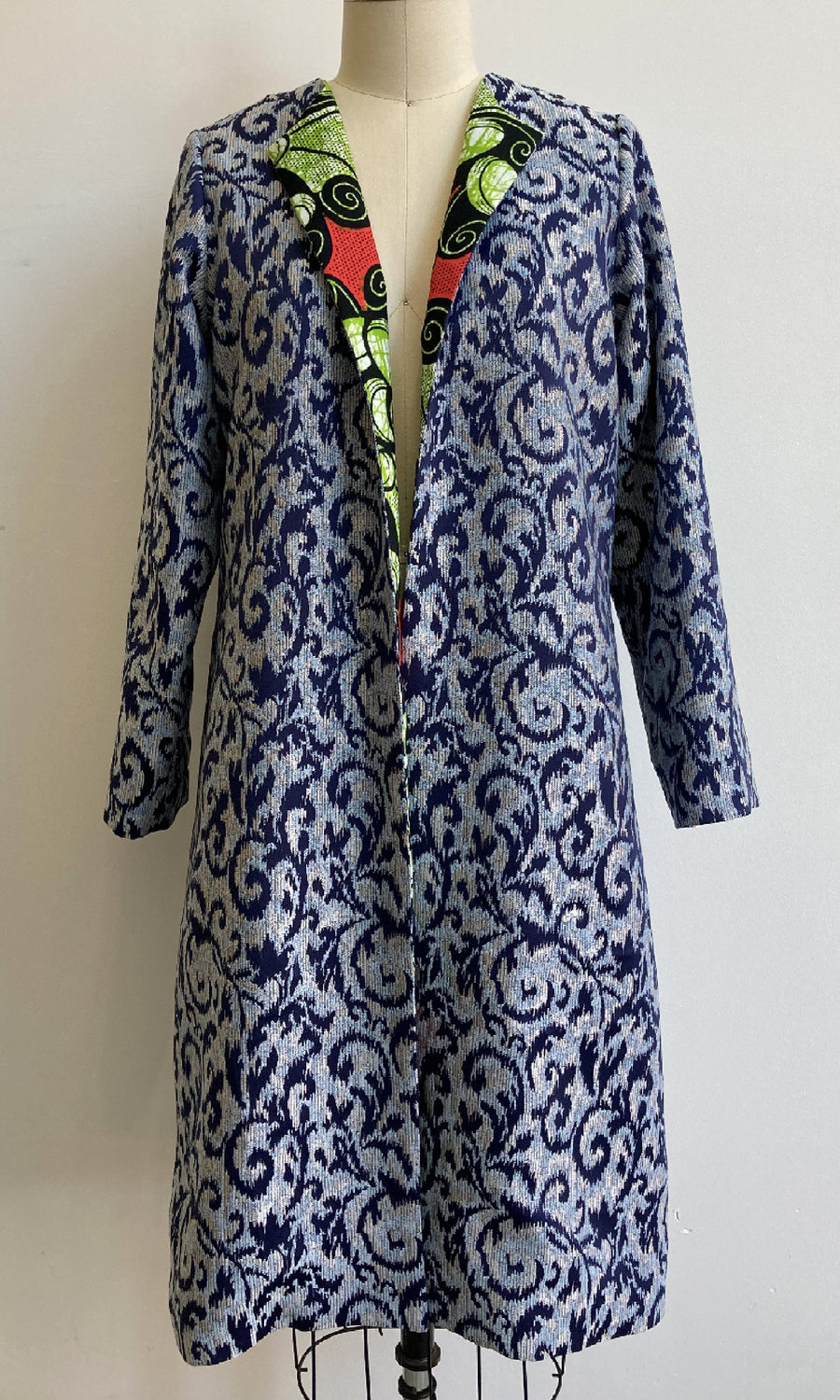 Blue Ikat Mid-length Coat, size Medium